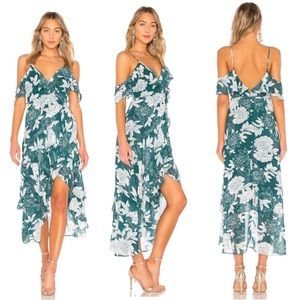 Bardot Garden Party Cold Shoulder Ruffle Floral Faux Wrap Midi Dress